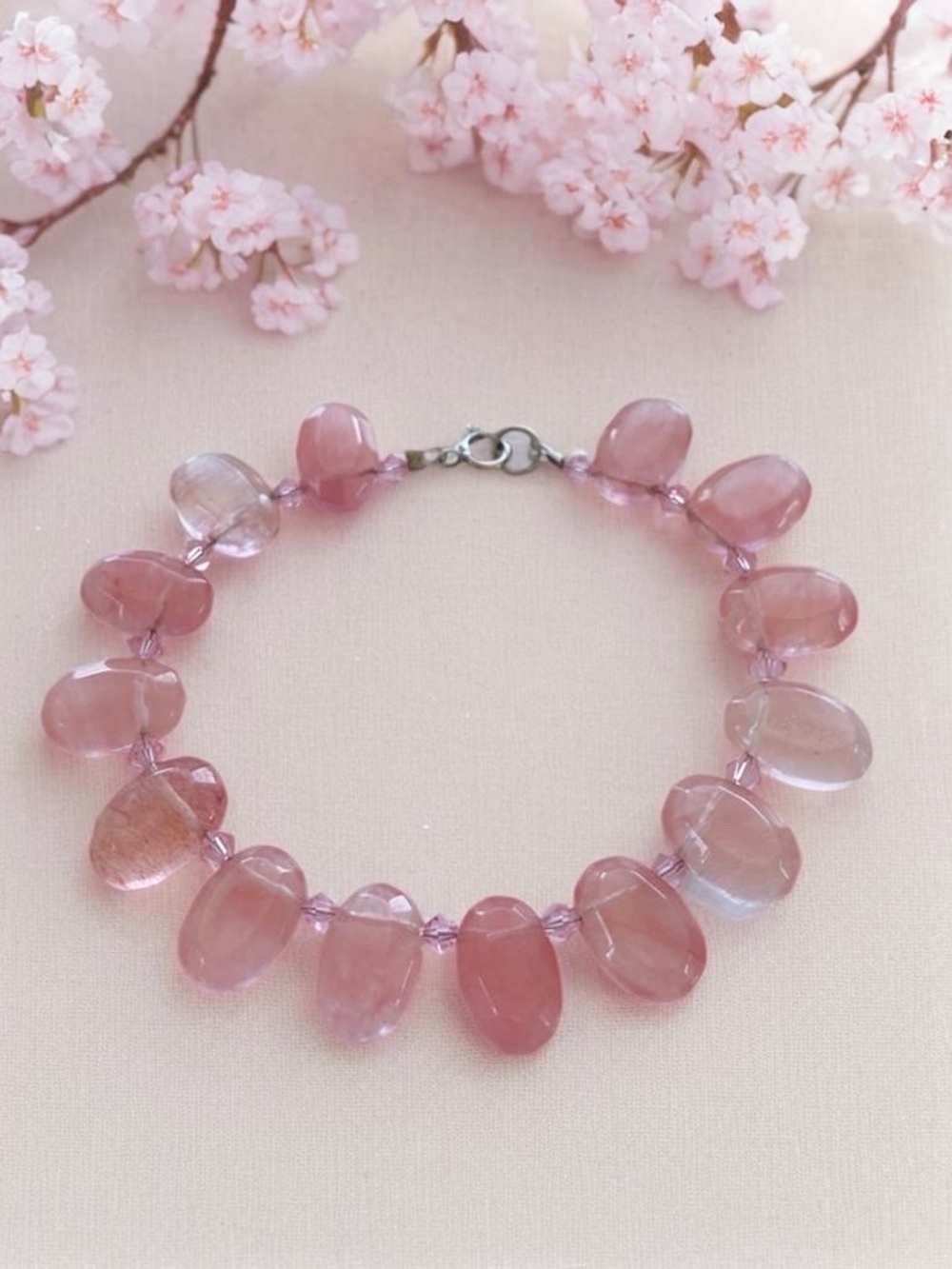 Rose Quartz Bead hand strung Bracelet with crystal accents. Fit up to 7.5 inches - Picture 10 of 10